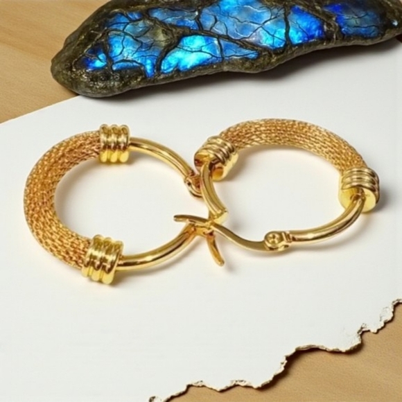 Trendy Chic 18K Gold Plated Stainless Steel Textured Mesh Hoop Earrings - Picture 6 of 14